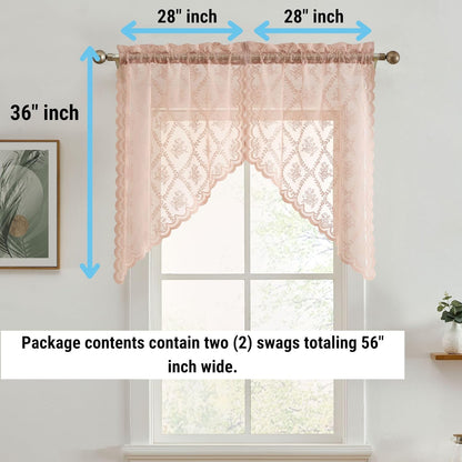 HLC.ME Isabella Floral Rod Pocket Lace Short Cafe Swags for Small Windows - 28 x 36 Inch Length (Blush Pink Swags, Set of 2)