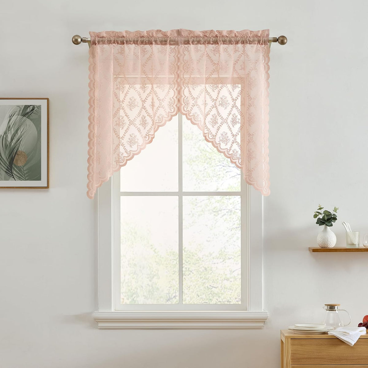 HLC.ME Isabella Floral Rod Pocket Lace Short Cafe Swags for Small Windows - 28 x 36 Inch Length (Blush Pink Swags, Set of 2)