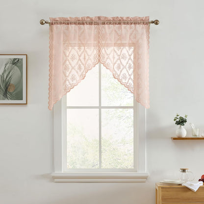 HLC.ME Isabella Floral Rod Pocket Lace Short Cafe Swags for Small Windows - 28 x 36 Inch Length (Blush Pink Swags, Set of 2)