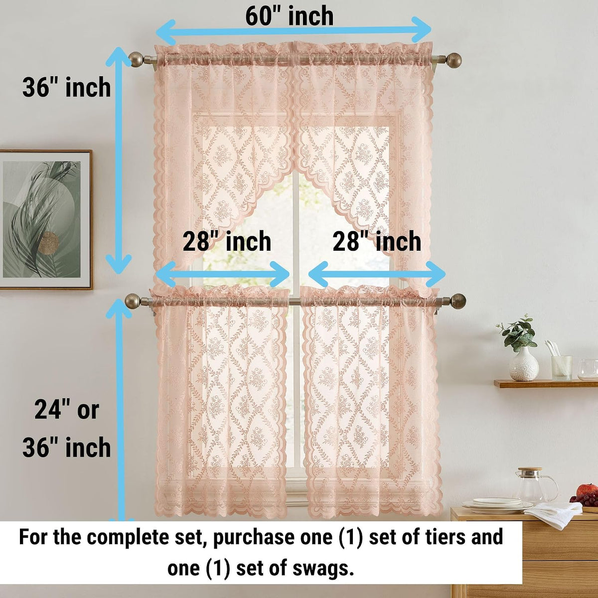 HLC.ME Isabella Floral Rod Pocket Lace Short Cafe Swags for Small Windows - 28 x 36 Inch Length (Blush Pink Swags, Set of 2)