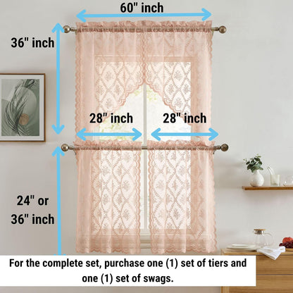 HLC.ME Isabella Floral Rod Pocket Lace Short Cafe Swags for Small Windows - 28 x 36 Inch Length (Blush Pink Swags, Set of 2)