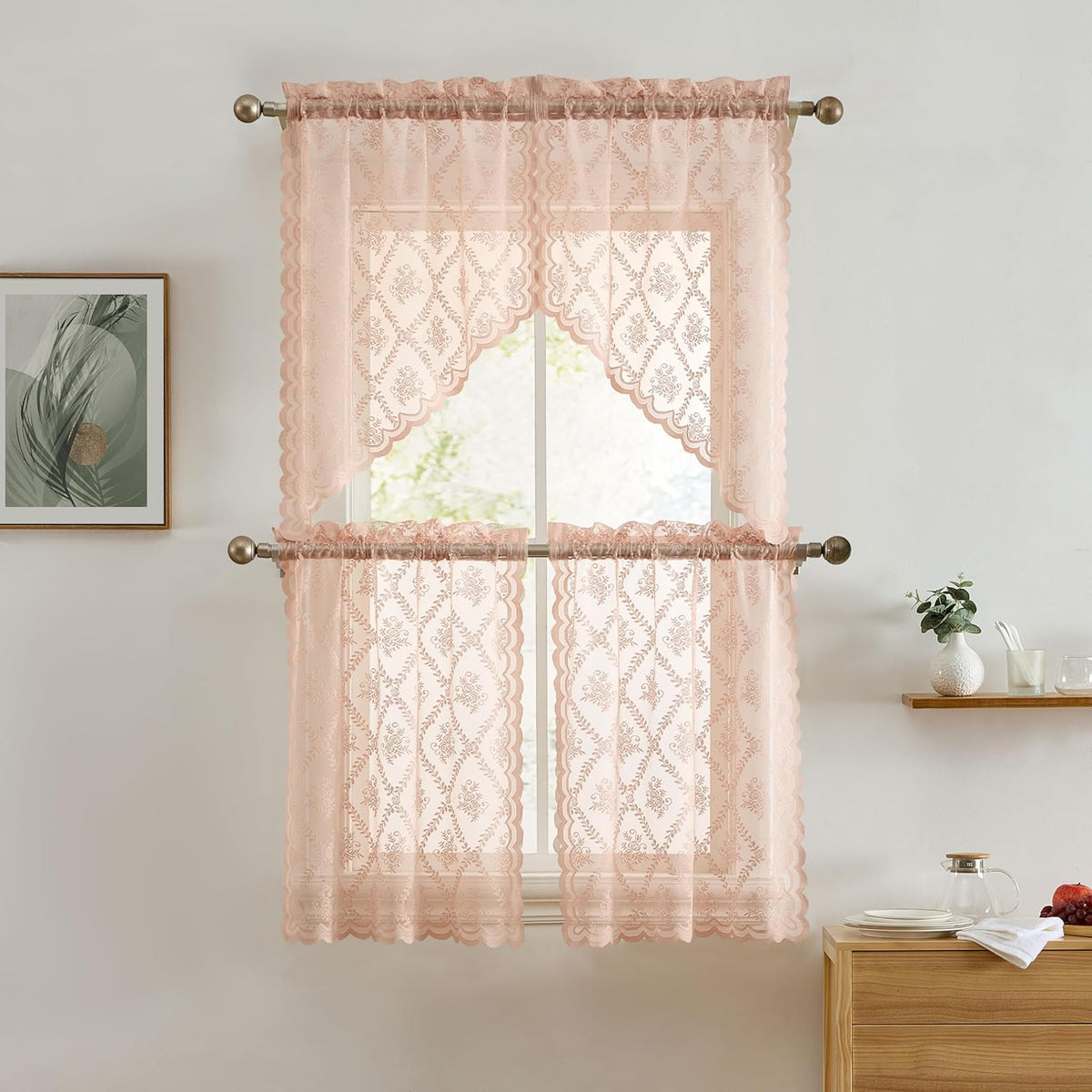 HLC.ME Isabella Floral Rod Pocket Lace Short Cafe Swags for Small Windows - 28 x 36 Inch Length (Blush Pink Swags, Set of 2)