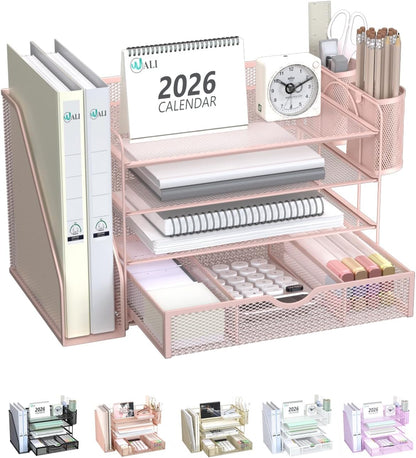 Desk File Organizer, 4 Tier Desktop Paper Letter Tray Organizer with Drawer and 2 Pen Holders, Office Desk Accessories & Workspace Organizers for Office, Home Supplies(DO005DH-P), 1 Pack, Pink