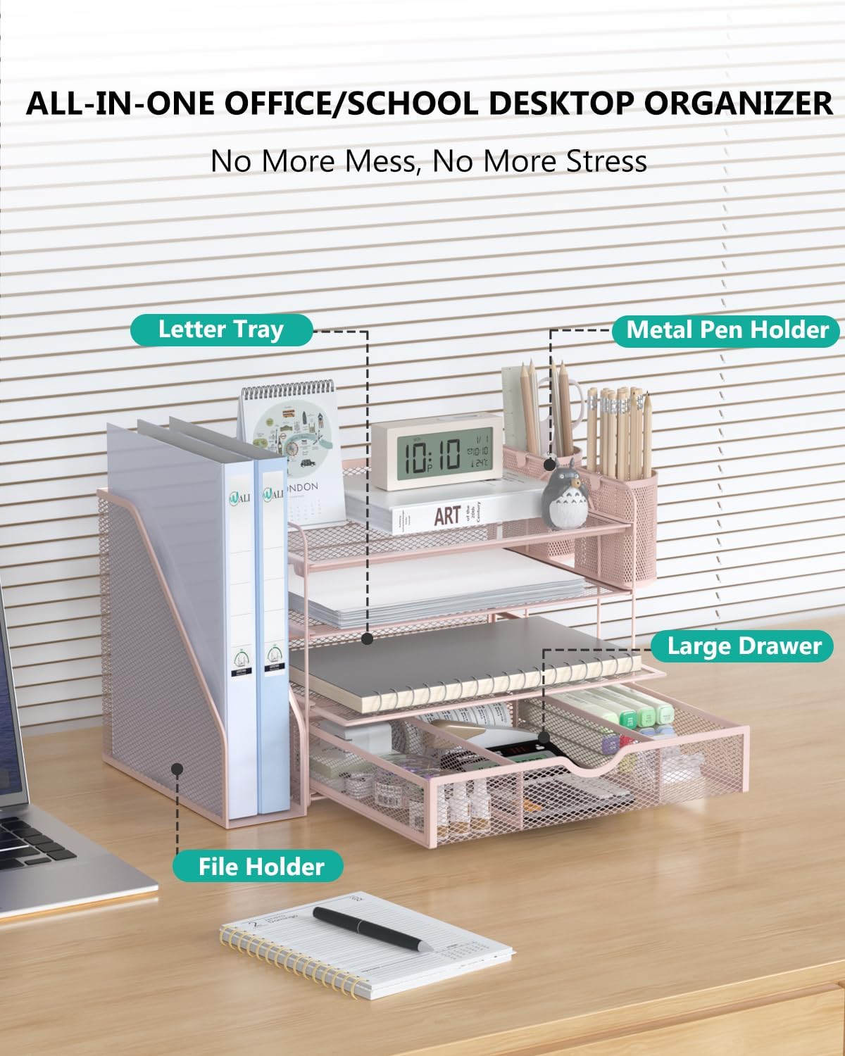 Desk File Organizer, 4 Tier Desktop Paper Letter Tray Organizer with Drawer and 2 Pen Holders, Office Desk Accessories & Workspace Organizers for Office, Home Supplies(DO005DH-P), 1 Pack, Pink