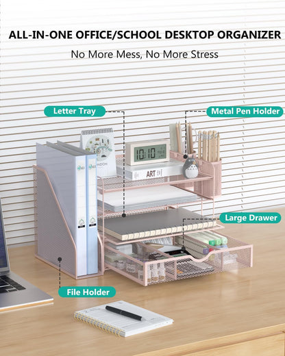 Desk File Organizer, 4 Tier Desktop Paper Letter Tray Organizer with Drawer and 2 Pen Holders, Office Desk Accessories & Workspace Organizers for Office, Home Supplies(DO005DH-P), 1 Pack, Pink
