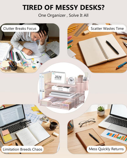 Desk File Organizer, 4 Tier Desktop Paper Letter Tray Organizer with Drawer and 2 Pen Holders, Office Desk Accessories & Workspace Organizers for Office, Home Supplies(DO005DH-P), 1 Pack, Pink