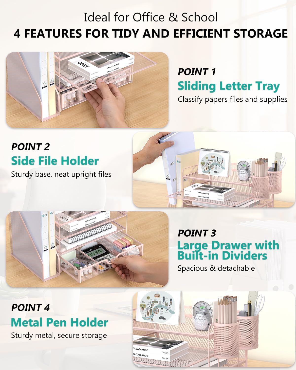 Desk File Organizer, 4 Tier Desktop Paper Letter Tray Organizer with Drawer and 2 Pen Holders, Office Desk Accessories & Workspace Organizers for Office, Home Supplies(DO005DH-P), 1 Pack, Pink