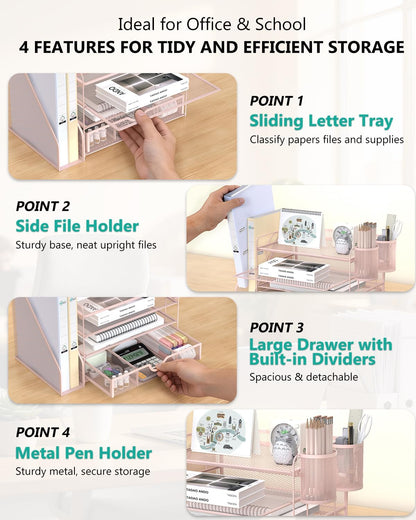 Desk File Organizer, 4 Tier Desktop Paper Letter Tray Organizer with Drawer and 2 Pen Holders, Office Desk Accessories & Workspace Organizers for Office, Home Supplies(DO005DH-P), 1 Pack, Pink