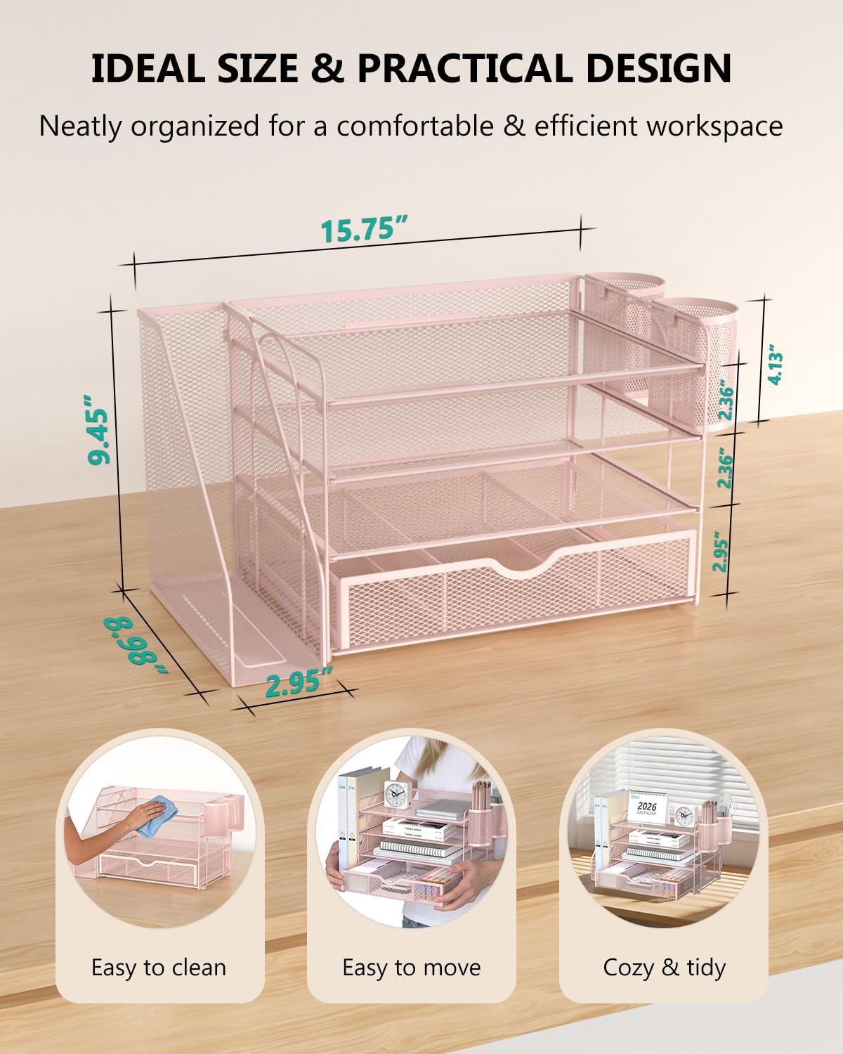 Desk File Organizer, 4 Tier Desktop Paper Letter Tray Organizer with Drawer and 2 Pen Holders, Office Desk Accessories & Workspace Organizers for Office, Home Supplies(DO005DH-P), 1 Pack, Pink