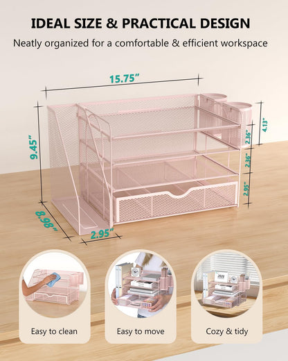 Desk File Organizer, 4 Tier Desktop Paper Letter Tray Organizer with Drawer and 2 Pen Holders, Office Desk Accessories & Workspace Organizers for Office, Home Supplies(DO005DH-P), 1 Pack, Pink