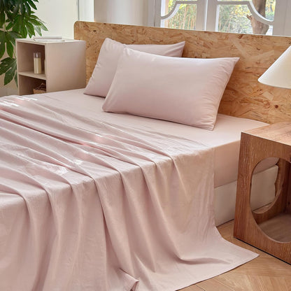 Striped Bedding Sheet Set 4 Pcs,100% Washed Cotton Linen Like,1 Fitted Sheet,1 Flat Sheet and 2 Pillowcases,Comfy Textured Sheet Set(Greyish Pink,Queen)