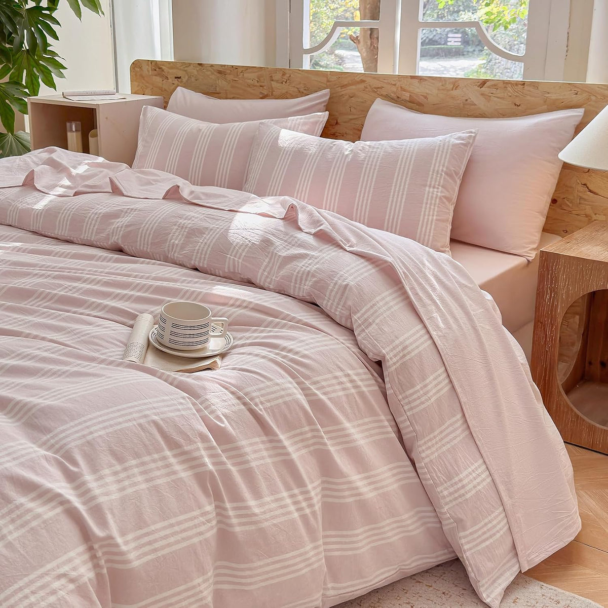 Striped Bedding Sheet Set 4 Pcs,100% Washed Cotton Linen Like,1 Fitted Sheet,1 Flat Sheet and 2 Pillowcases,Comfy Textured Sheet Set(Greyish Pink,Queen)
