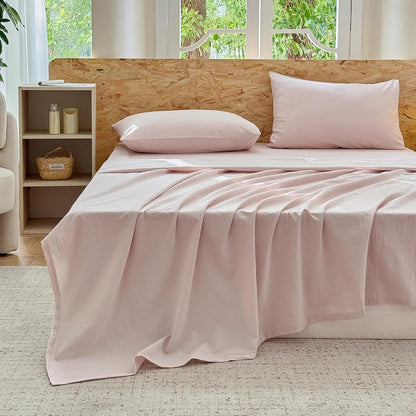 Striped Bedding Sheet Set 4 Pcs,100% Washed Cotton Linen Like,1 Fitted Sheet,1 Flat Sheet and 2 Pillowcases,Comfy Textured Sheet Set(Greyish Pink,Queen)