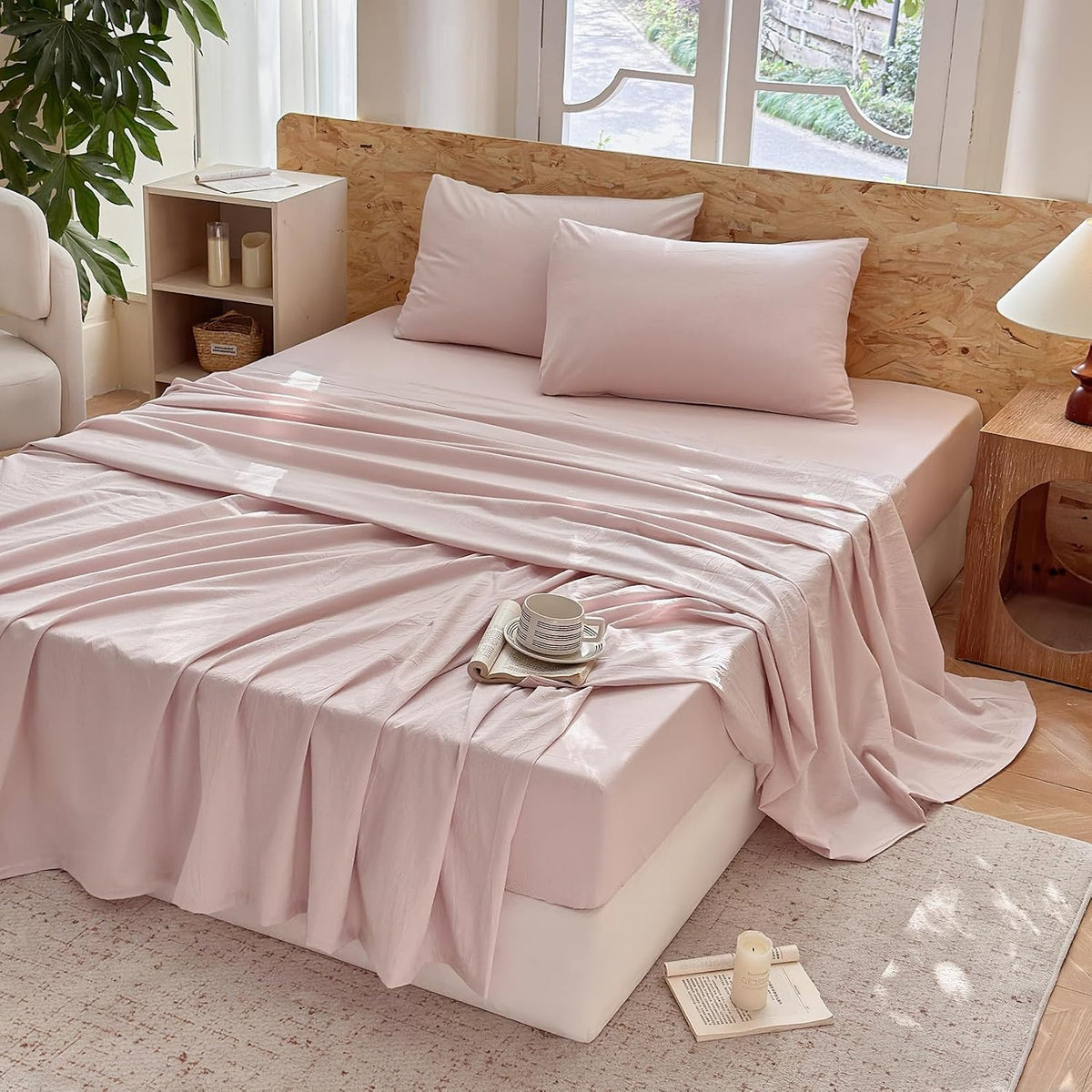 Striped Bedding Sheet Set 4 Pcs,100% Washed Cotton Linen Like,1 Fitted Sheet,1 Flat Sheet and 2 Pillowcases,Comfy Textured Sheet Set(Greyish Pink,Queen)