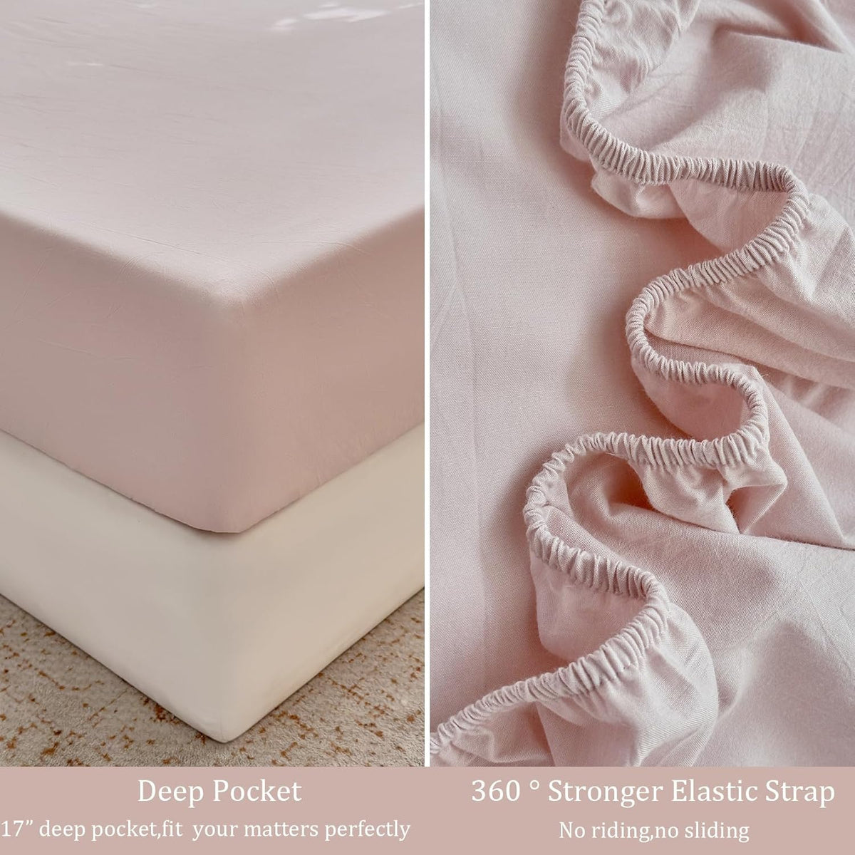 Striped Bedding Sheet Set 4 Pcs,100% Washed Cotton Linen Like,1 Fitted Sheet,1 Flat Sheet and 2 Pillowcases,Comfy Textured Sheet Set(Greyish Pink,Queen)