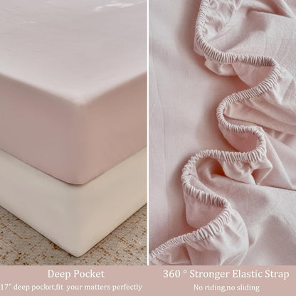 Striped Bedding Sheet Set 4 Pcs,100% Washed Cotton Linen Like,1 Fitted Sheet,1 Flat Sheet and 2 Pillowcases,Comfy Textured Sheet Set(Greyish Pink,Queen)