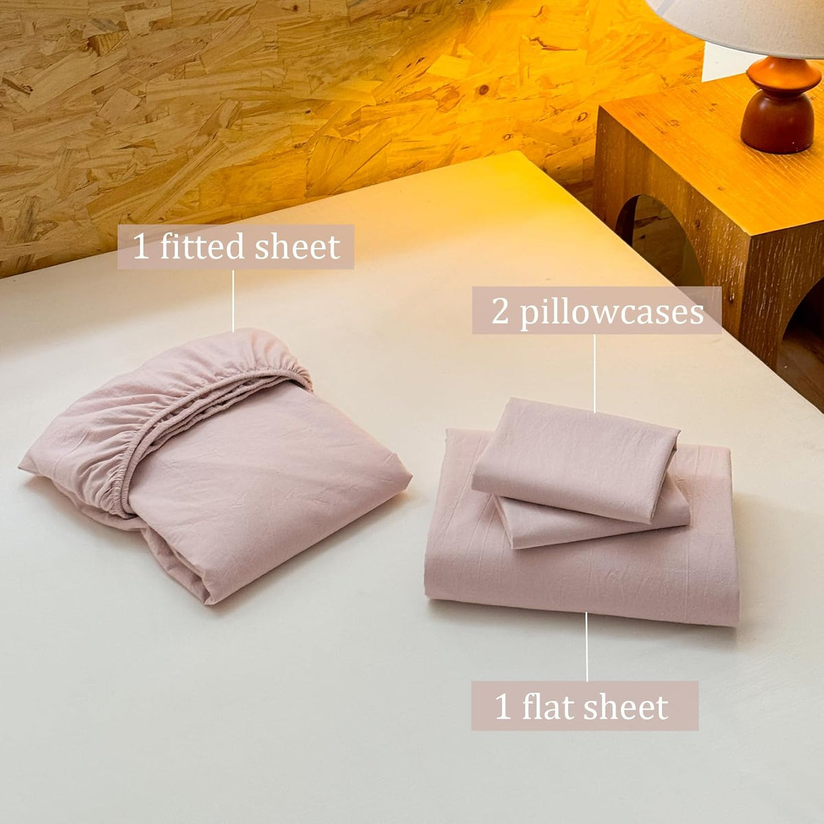 Striped Bedding Sheet Set 4 Pcs,100% Washed Cotton Linen Like,1 Fitted Sheet,1 Flat Sheet and 2 Pillowcases,Comfy Textured Sheet Set(Greyish Pink,Queen)