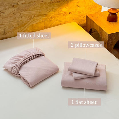 Striped Bedding Sheet Set 4 Pcs,100% Washed Cotton Linen Like,1 Fitted Sheet,1 Flat Sheet and 2 Pillowcases,Comfy Textured Sheet Set(Greyish Pink,Queen)