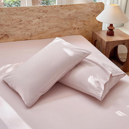 Striped Bedding Sheet Set 4 Pcs,100% Washed Cotton Linen Like,1 Fitted Sheet,1 Flat Sheet and 2 Pillowcases,Comfy Textured Sheet Set(Greyish Pink,Queen)