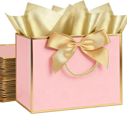 4 Pack Pink Gift Bags, Gift Bags with Tissue Paper, 11x4x8 Inches, Gift Bags for Small Business, Bridal Showers, Wedding, Christmas