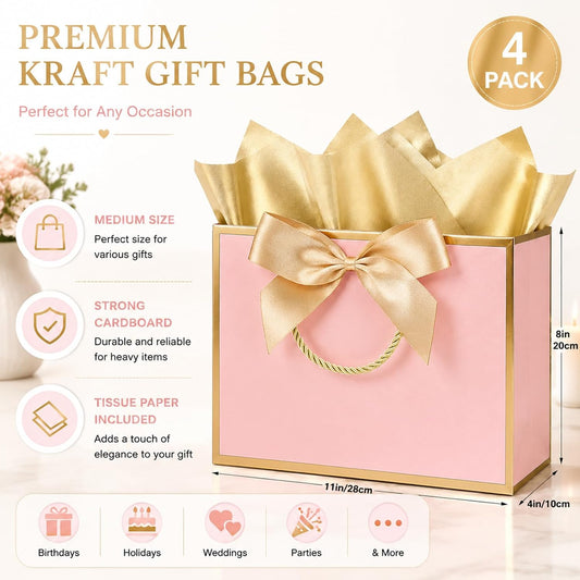 4 Pack Pink Gift Bags, Gift Bags with Tissue Paper, 11x4x8 Inches, Gift Bags for Small Business, Bridal Showers, Wedding, Christmas