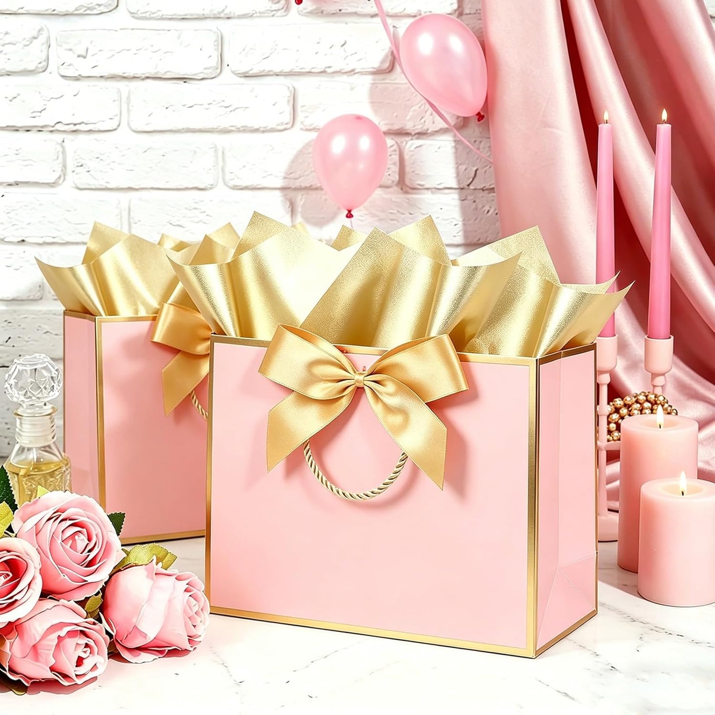 4 Pack Pink Gift Bags, Gift Bags with Tissue Paper, 11x4x8 Inches, Gift Bags for Small Business, Bridal Showers, Wedding, Christmas