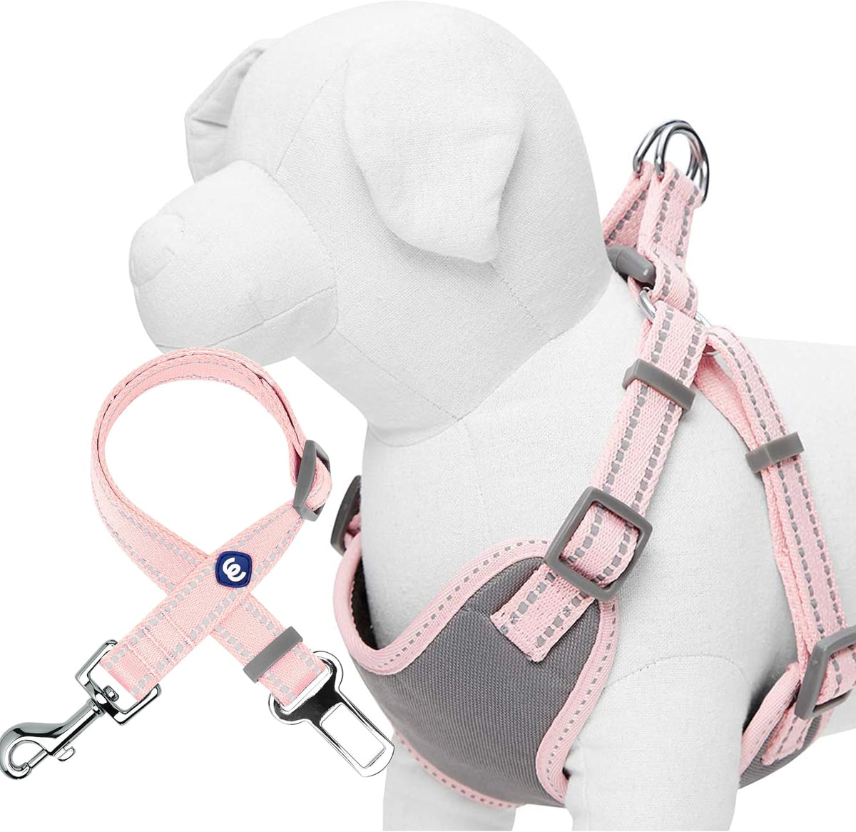 Pastel Colored Reflective Dog Harness with Seatbelt Clip – Adjustable No-Pull Pet Vest for Walking and Car Safety, Medium in Baby Pink