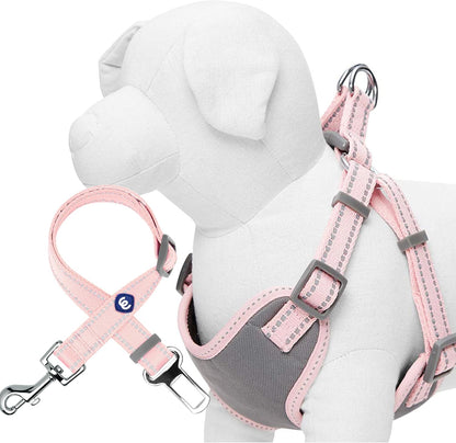 Pastel Colored Reflective Dog Harness with Seatbelt Clip – Adjustable No-Pull Pet Vest for Walking and Car Safety, Medium in Baby Pink