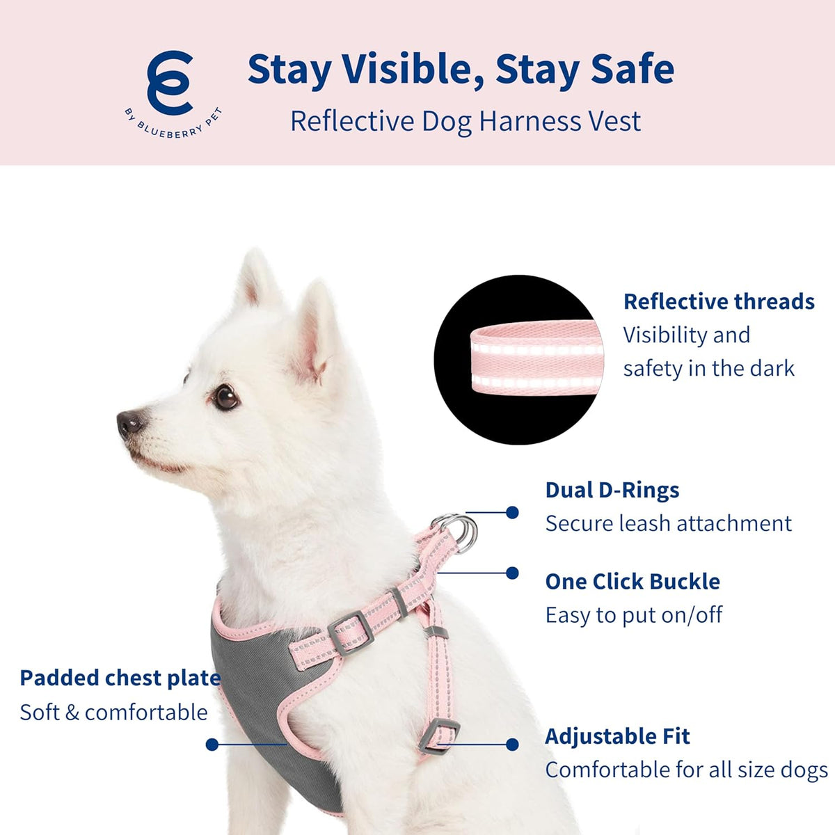 Pastel Colored Reflective Dog Harness with Seatbelt Clip – Adjustable No-Pull Pet Vest for Walking and Car Safety, Medium in Baby Pink