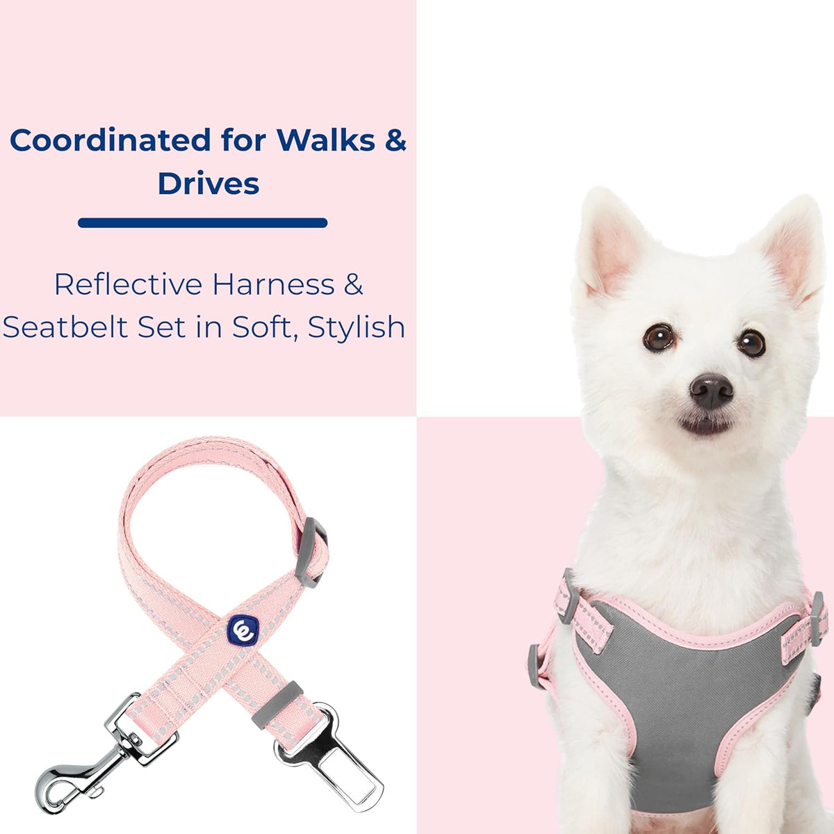 Pastel Colored Reflective Dog Harness with Seatbelt Clip – Adjustable No-Pull Pet Vest for Walking and Car Safety, Medium in Baby Pink