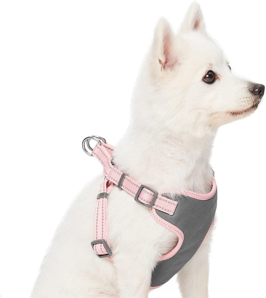 Pastel Colored Reflective Dog Harness with Seatbelt Clip – Adjustable No-Pull Pet Vest for Walking and Car Safety, Medium in Baby Pink