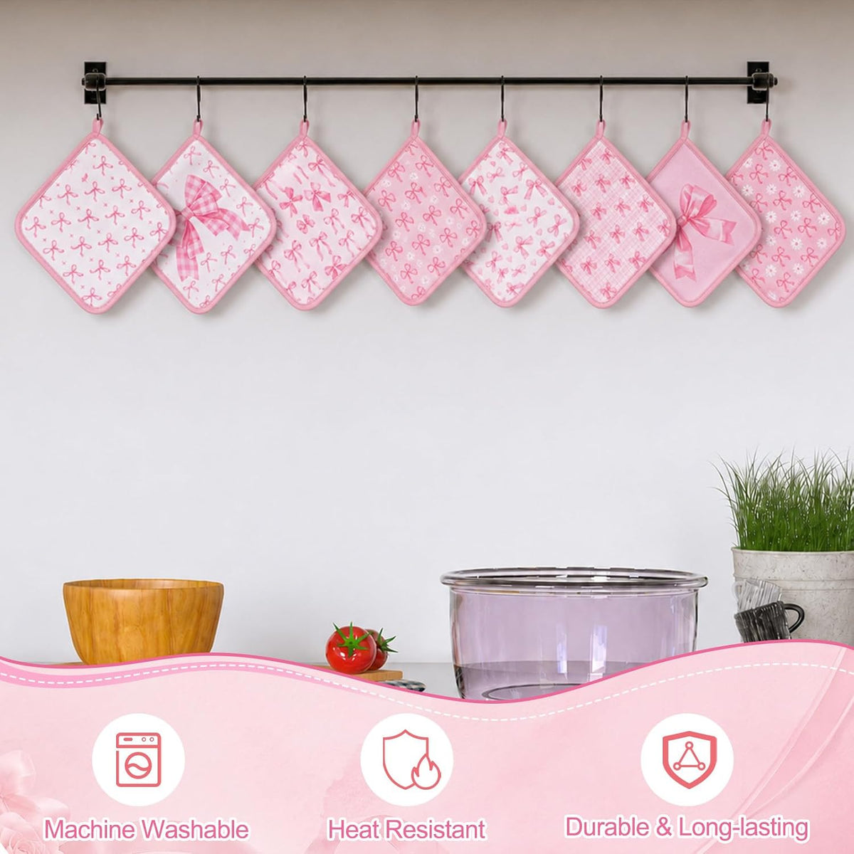 16 Pcs Pink Bow Pot Holder Cute Kitchen Decoration Accessories