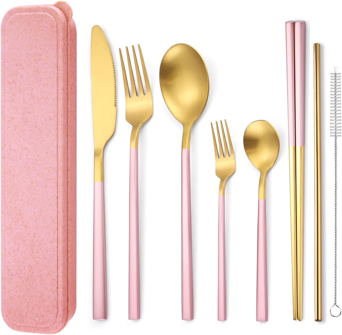 6 Pieces Stainless Steel Flatware Set Portable Reusable Cutlery Set Travel Utensils Set Including Chopsticks Knife Fork Spoon Straws Cleaning Brush Dishwasher Safe (B-Pink golden)