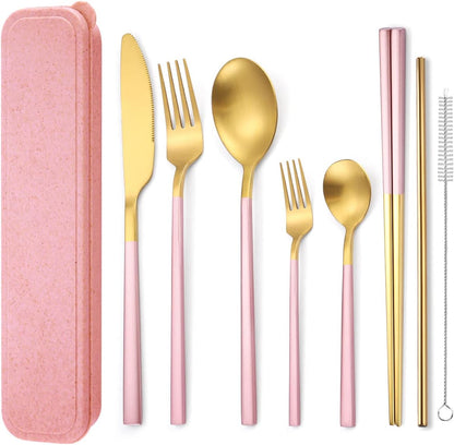 6 Pieces Stainless Steel Flatware Set Portable Reusable Cutlery Set Travel Utensils Set Including Chopsticks Knife Fork Spoon Straws Cleaning Brush Dishwasher Safe (B-Pink golden)