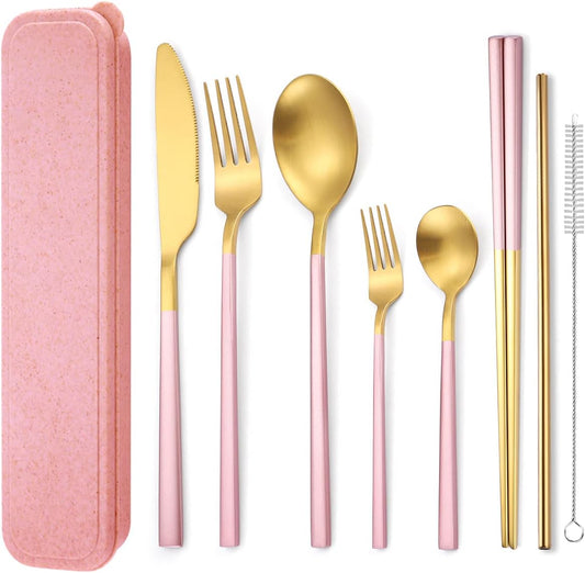 6 Pieces Stainless Steel Flatware Set Portable Reusable Cutlery Set Travel Utensils Set Including Chopsticks Knife Fork Spoon Straws Cleaning Brush Dishwasher Safe (B-Pink golden)