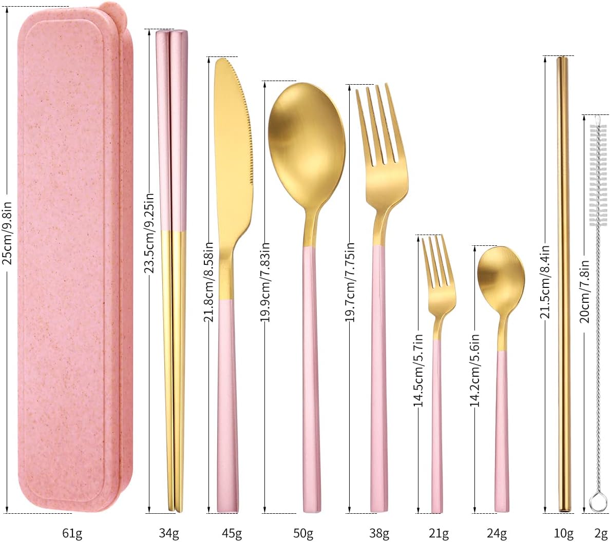 6 Pieces Stainless Steel Flatware Set Portable Reusable Cutlery Set Travel Utensils Set Including Chopsticks Knife Fork Spoon Straws Cleaning Brush Dishwasher Safe (B-Pink golden)