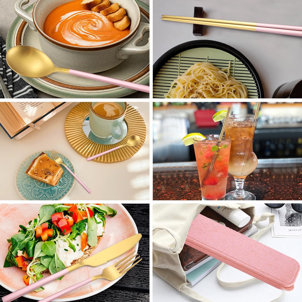 6 Pieces Stainless Steel Flatware Set Portable Reusable Cutlery Set Travel Utensils Set Including Chopsticks Knife Fork Spoon Straws Cleaning Brush Dishwasher Safe (B-Pink golden)