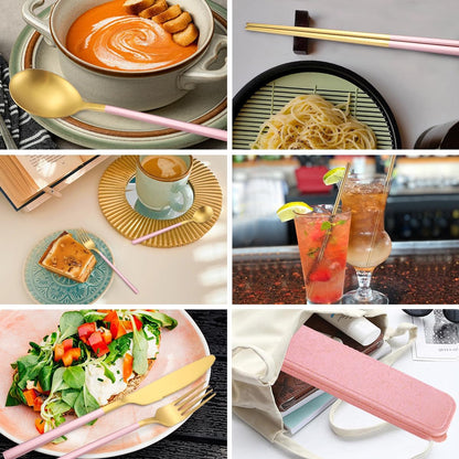 6 Pieces Stainless Steel Flatware Set Portable Reusable Cutlery Set Travel Utensils Set Including Chopsticks Knife Fork Spoon Straws Cleaning Brush Dishwasher Safe (B-Pink golden)