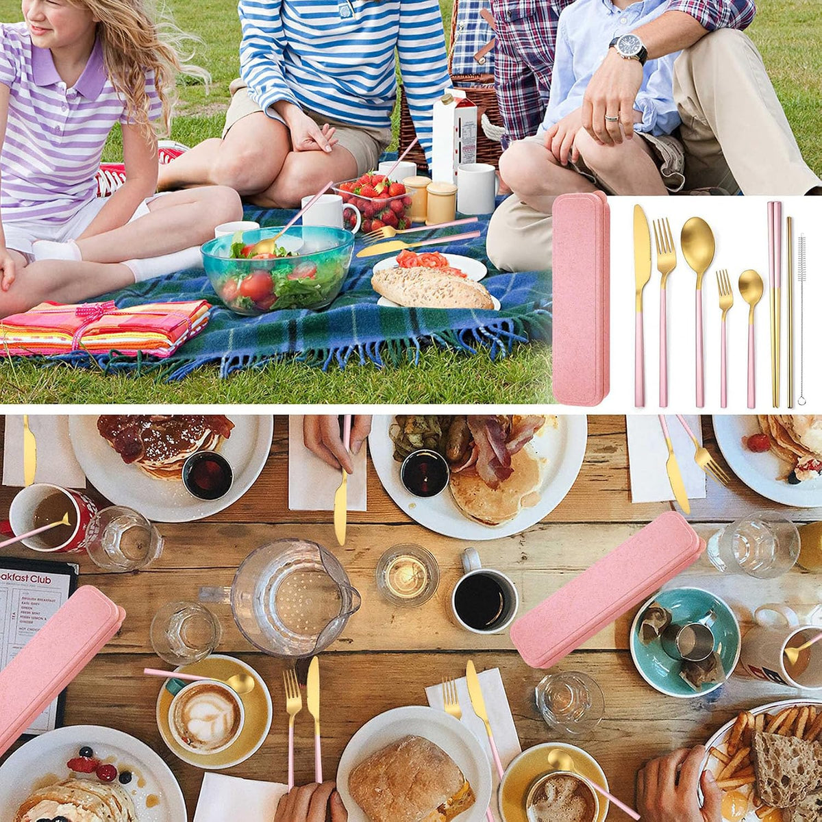 6 Pieces Stainless Steel Flatware Set Portable Reusable Cutlery Set Travel Utensils Set Including Chopsticks Knife Fork Spoon Straws Cleaning Brush Dishwasher Safe (B-Pink golden)