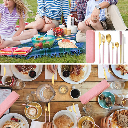 6 Pieces Stainless Steel Flatware Set Portable Reusable Cutlery Set Travel Utensils Set Including Chopsticks Knife Fork Spoon Straws Cleaning Brush Dishwasher Safe (B-Pink golden)