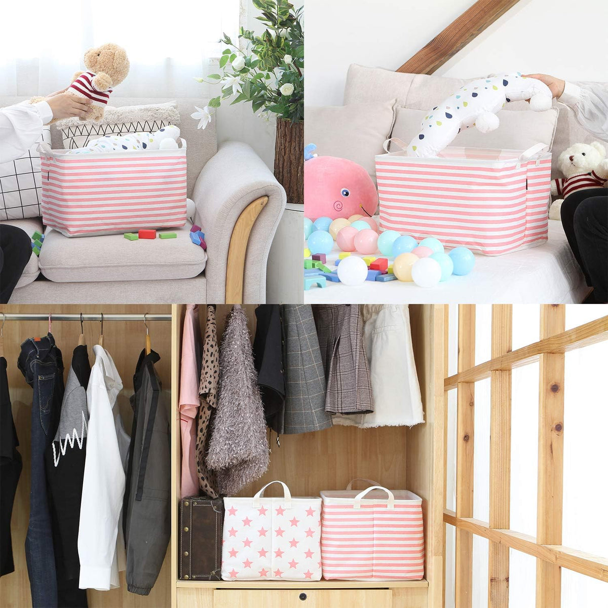 Large Rectangle Open-Top Canvas Storage Basket, Pink Stripes
