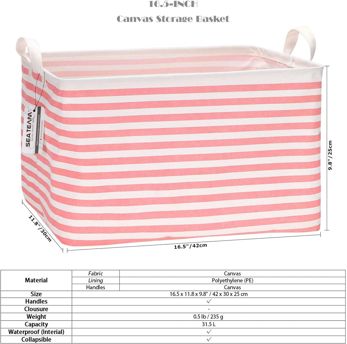 Large Rectangle Open-Top Canvas Storage Basket, Pink Stripes
