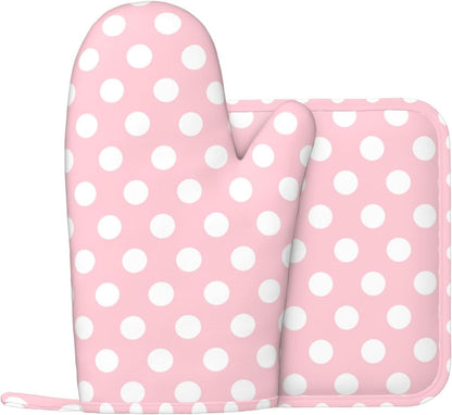 Light Pink Polka Dot Print Oven Mitts and Pot Holders Sets - Heat Resistant Silicone Oven Mitts Pot Holders for Kitchen Cooking Baking, Non-Slip Ovens Gloves Hot Pads Potholders