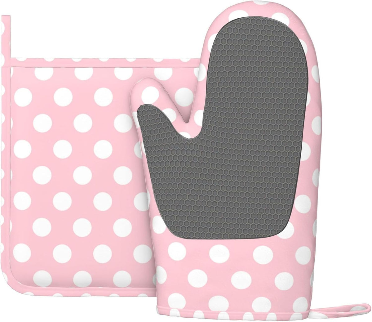 Light Pink Polka Dot Print Oven Mitts and Pot Holders Sets - Heat Resistant Silicone Oven Mitts Pot Holders for Kitchen Cooking Baking, Non-Slip Ovens Gloves Hot Pads Potholders