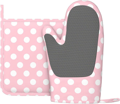 Light Pink Polka Dot Print Oven Mitts and Pot Holders Sets - Heat Resistant Silicone Oven Mitts Pot Holders for Kitchen Cooking Baking, Non-Slip Ovens Gloves Hot Pads Potholders