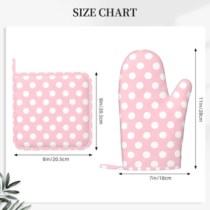 Light Pink Polka Dot Print Oven Mitts and Pot Holders Sets - Heat Resistant Silicone Oven Mitts Pot Holders for Kitchen Cooking Baking, Non-Slip Ovens Gloves Hot Pads Potholders