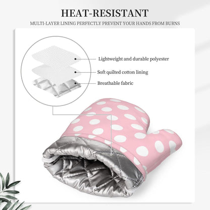 Light Pink Polka Dot Print Oven Mitts and Pot Holders Sets - Heat Resistant Silicone Oven Mitts Pot Holders for Kitchen Cooking Baking, Non-Slip Ovens Gloves Hot Pads Potholders