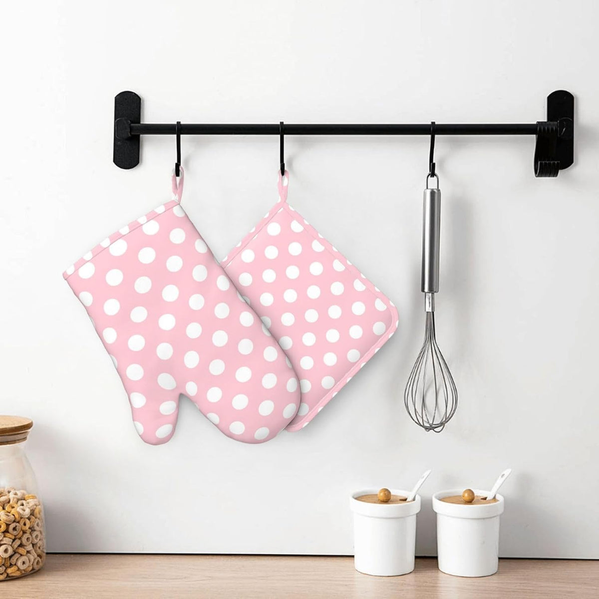 Light Pink Polka Dot Print Oven Mitts and Pot Holders Sets - Heat Resistant Silicone Oven Mitts Pot Holders for Kitchen Cooking Baking, Non-Slip Ovens Gloves Hot Pads Potholders
