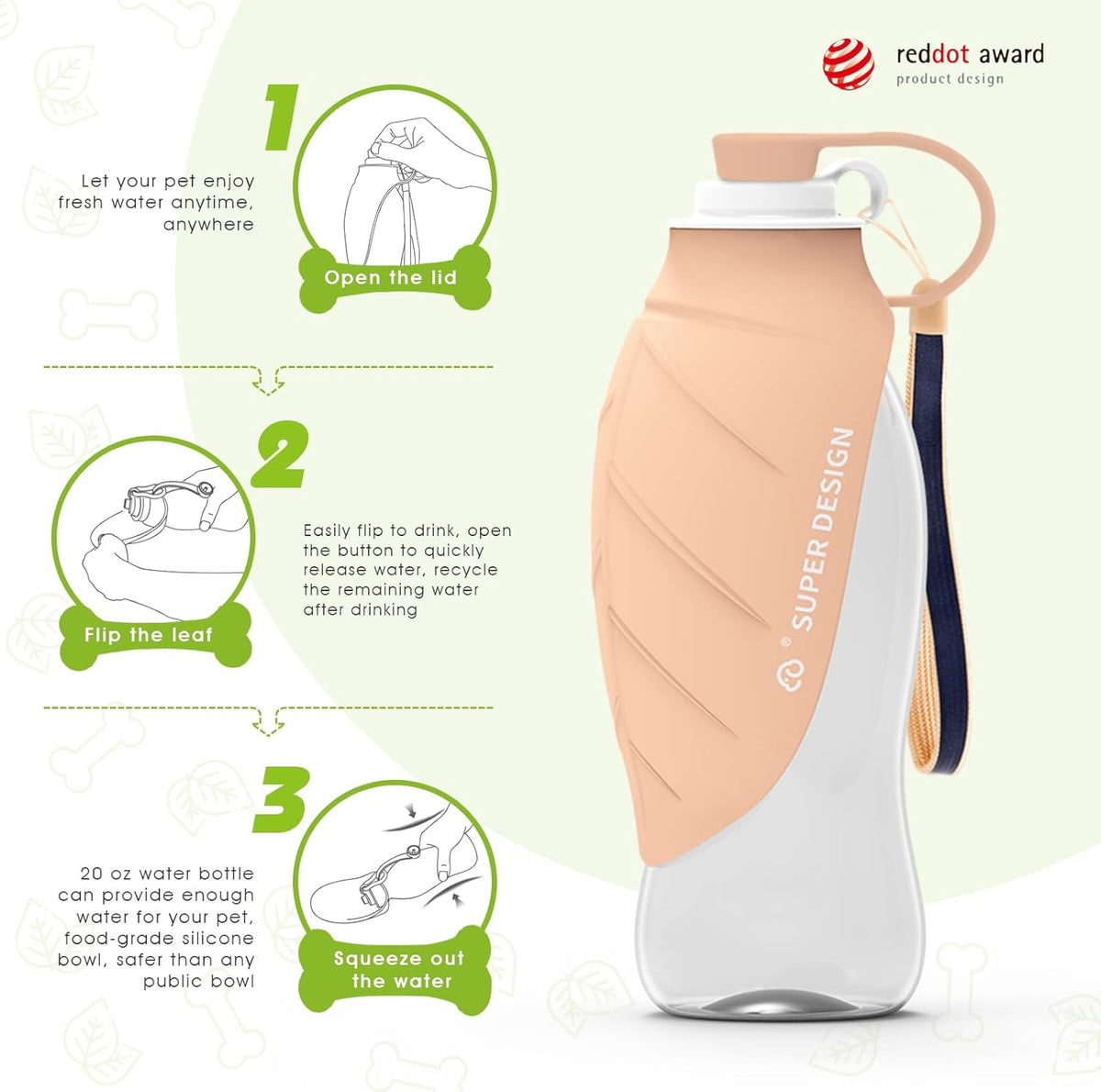 Dog Water Bottle, Portable Dog Water Bottle for Small to Large Dogs, Leak Proof Dog Travel Water Bottle, Small Leaf Travel Water Bowl for Dogs and Dog Walking Accessories (19.6OZ, Pink)