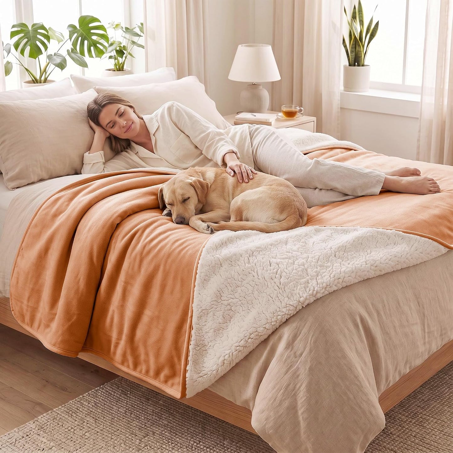 Waterproof Blanket for Bed - Dog Throw as Furniture Protector | Cozy Sherpa & Smooth Velvet, Reversible and Machine Washable, for Couch and bed, 60"x80", Orange